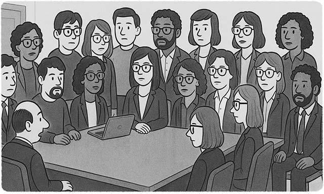 A large group of business professionals crammed into a conference room. A man at the head of the table is opening his mouth to speak